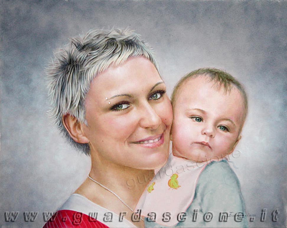 Ritratti di famiglia - mamma con bambino olio su tela 40x50 ritratto su commissione