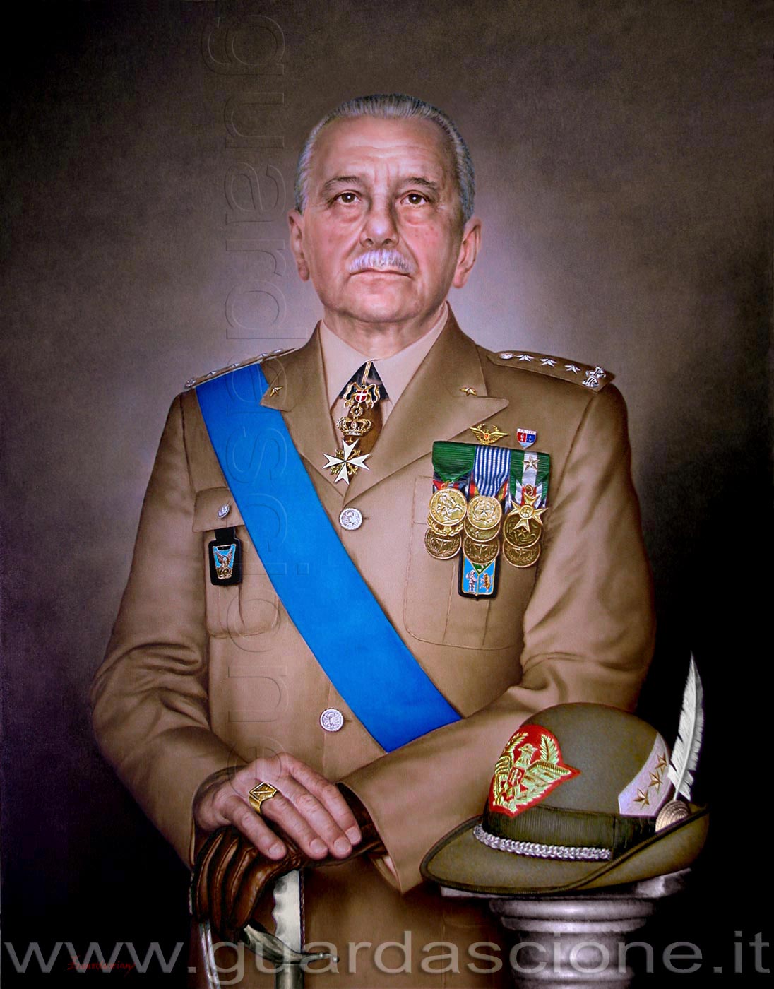ritratto dipinto a olio di generale dell'esercito corpo alpini con cappello